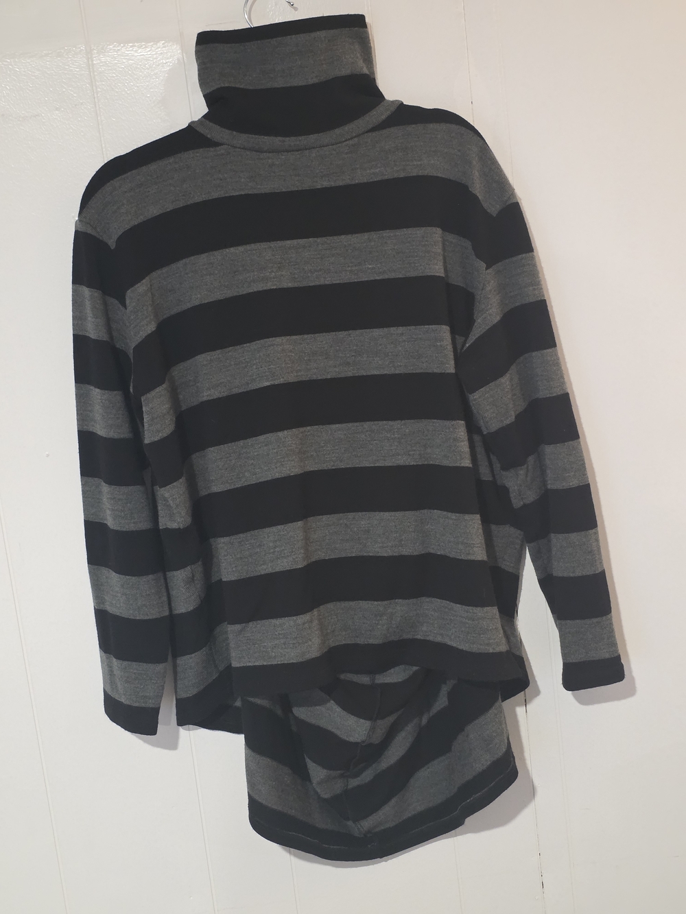 Unique Striped Turtleneck Sweater - Black & Gray, Open Draped Back.